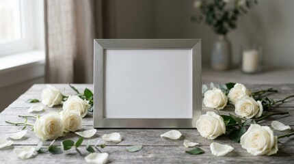 Obraz premium Elegant empty silver picture frame with white roses on rustic wooden table.