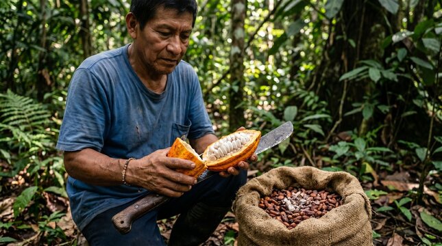 Man harvesting cacao pods in lush tropical forest with machete
