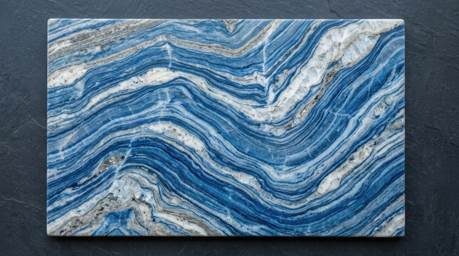 Blue marble slab with wavy white veins, polished natural stone texture, luxury granite block for interior design decor