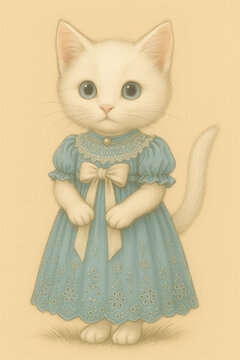 White Cat in Elegant Blue Vintage Lace Dress

Adorable white cat with blue eyes wearing an elegant dusty blue dress with lace collar, embroidered floral details and a large cream bow.