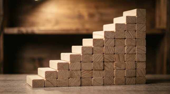 Wooden blocks arranged in a rising staircase pattern representing business growth.