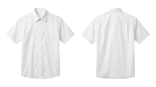 White short sleeve button down shirt front and back view, casual collared cotton uniform top with chest pocket isolated transparent PNG cutout
