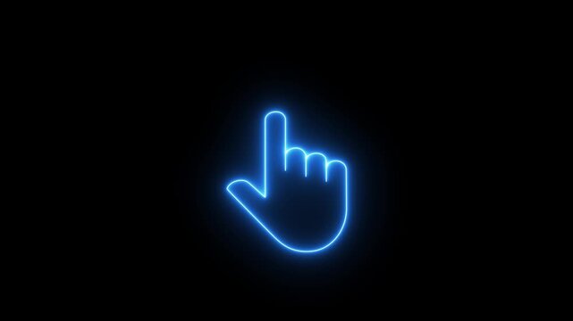 Glowing neon hand mouse cursor icon on black background. hand cursor with click and accent. Mouse pointer hand click icon animation.Motion graphic 4k animation video.