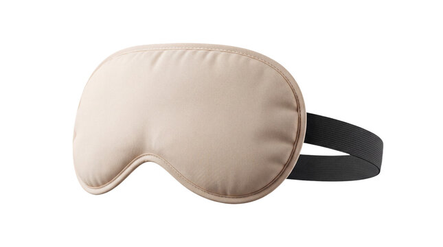 Beige satin sleep mask with black elastic strap isolated on transparent background, soft padded eye cover for travel, relaxation, nap and restful sleep