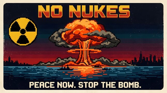 No nukes explosion protest pixel art banner