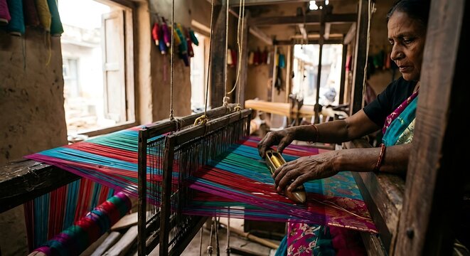 Indian woman weaver operating a traditional handloom with colorful threads in a rural workshop. Artisan textile production, cultural heritage, handmade craft and livelihood concept