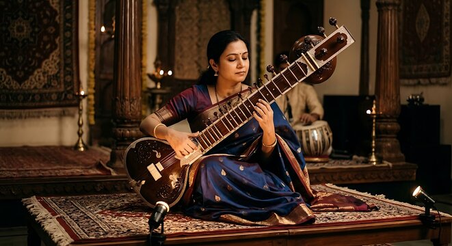 Indian woman performing classical music on sitar in a traditional interior with tabla accompaniment. Cultural heritage, meditation, and live concert concept.