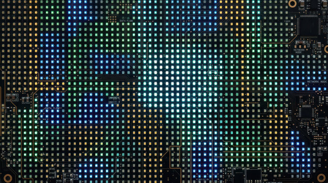 Futuristic LED circuit board with glowing grid lights, digital hardware motherboard, electronic data processing texture