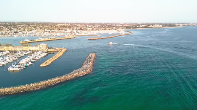 Wide drone landscape view of Fremantle coastline, harbor
