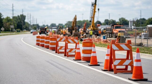 Road construction site with orange safety barrels and cones.