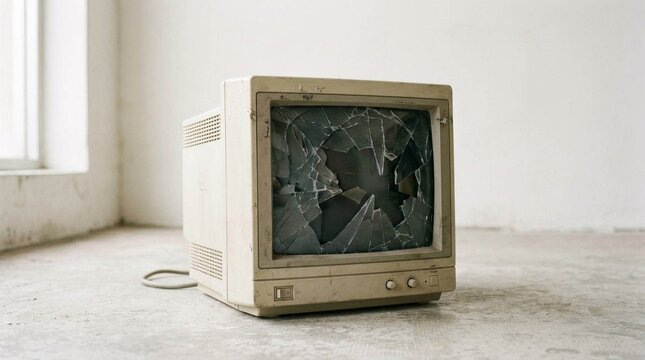 Old Broken Vintage CRT Computer Monitor Standing on Floor.