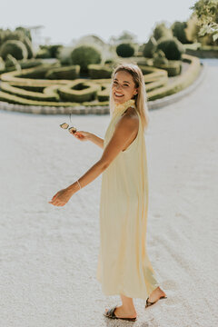 Joyful stroll in a beautiful garden on a sunny day