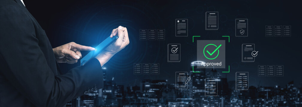 A business professional engages with a tablet for an approval process, enhanced by digital graphics showing documents and checkmarks against a night cityscape. Cyphers