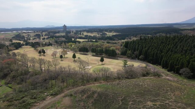 Aerial Drone View of Abandoned Himiko no Sato Resort Hotel in the Aso Grasslands, Kumamoto Japan