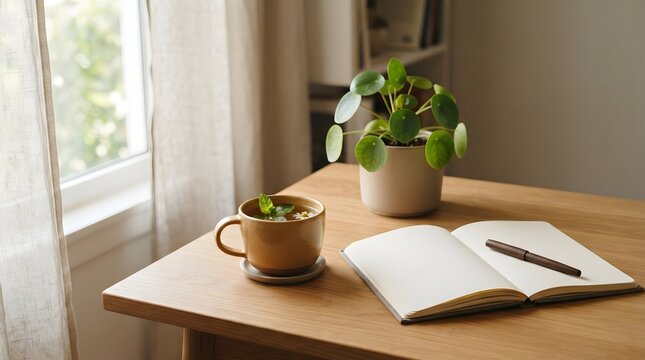 Peaceful workspace with herbal tea, a pilea plant, and an open notebook on a desk