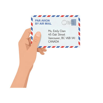 Hand Holding Airmail Envelope With Address Label.