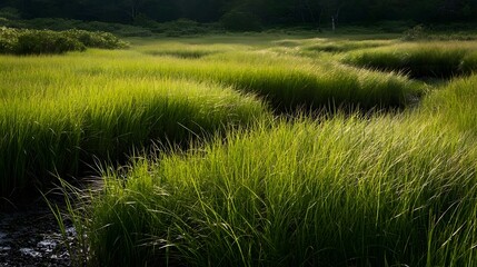 Naklejka premium Sunlit green grasses ripple gently across a wetland meadow under soft natural light creating calm texture and depth