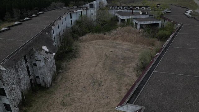 Aerial Drone View of Abandoned Himiko no Sato Resort Hotel in the Aso Grasslands, Kumamoto Japan