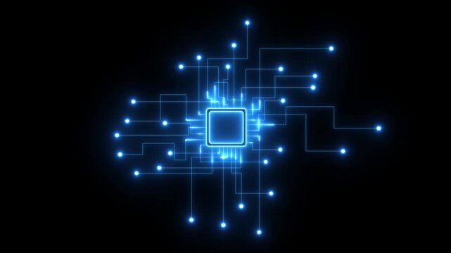 Glowing blue digital circuit network with illuminated square core and connected nodes on a black background, creating a futuristic technology interface visual design