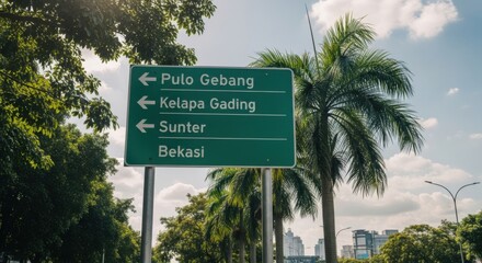 Fototapeta premium Directional Sign In Tropical City With Palm Trees And Buildings