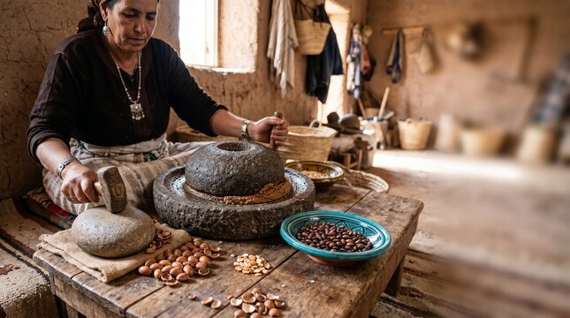 Woman grinding nuts with stone molcajete in rustic kitchen