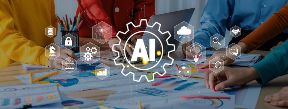 Team Collaboration with AI Implementation in Modern Work Environment Featuring Charts, Data Analysis and Creative Brainstorming Session Quark.