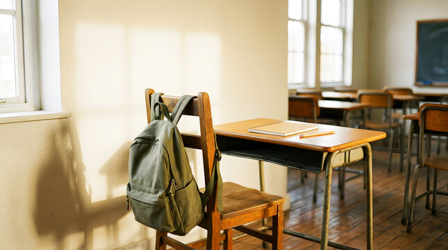 Single vintage wooden school desk and chair standing in an empty classroom next to a window with sunlight casting shadows classroom backpack education