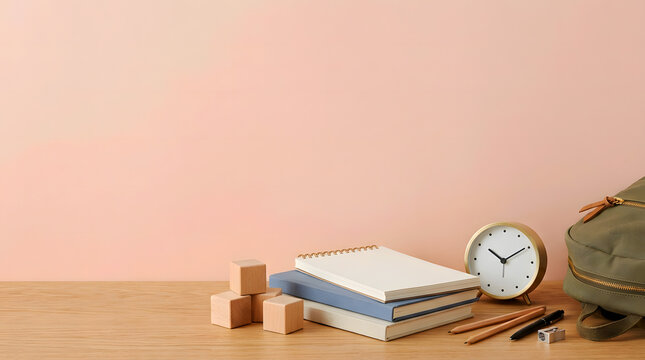 Back to school concept with stacked books a clock wooden blocks a backpack on a wooden desk against a pink wall backpack education learning supplies