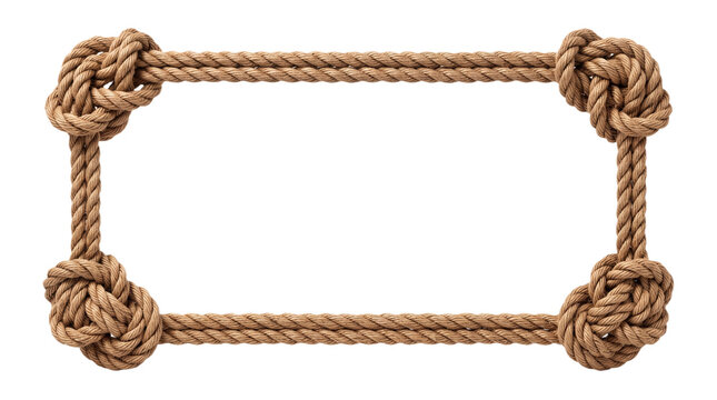 Rustic twisted rope rectangular frame with nautical knots, isolated transparent PNG border for coastal, western, craft, adventure design projects