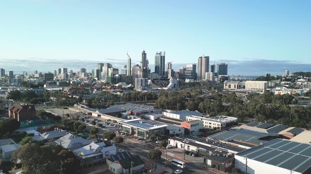 Stunning aerial perspective of downtown Perth with blue sky
