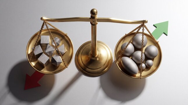 Golden vintage mechanical balance scale weighing cubes and sphere objects