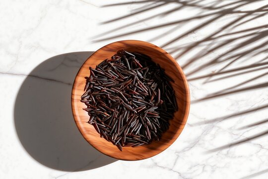 Top view of black wild rice in a wooden bowl on marble surface with palm leaf shadow
