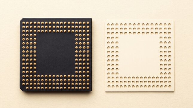 Microprocessor chip bottom view showing solder bumps and schematic pattern