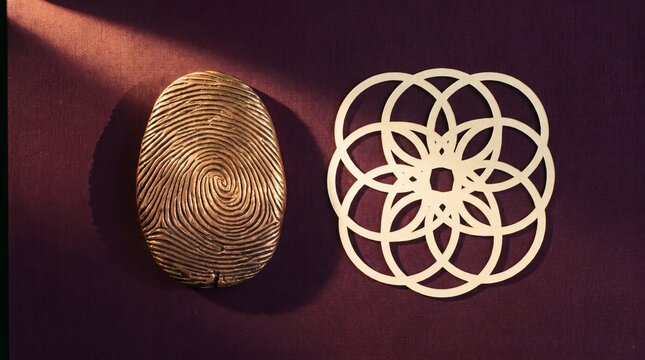 Abstract biometric fingerprint texture next to geometric pattern on dark