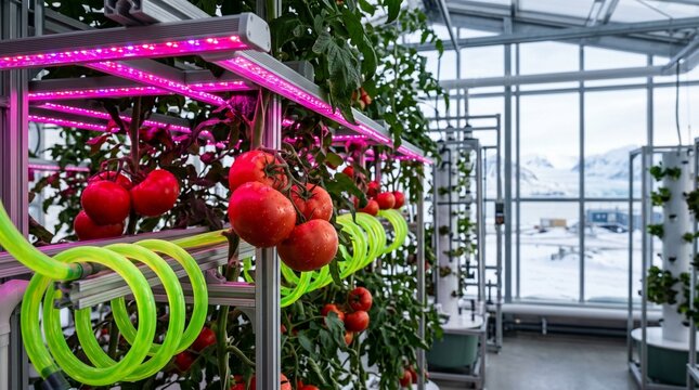 Indoor Hydroponic Farm Tomatoes Growing Under LED Light