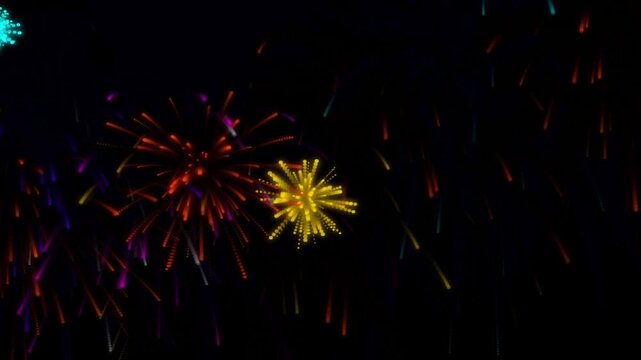 Colorful fireworks exploding on dark background, bright cyan, pink, white, and gold pyrotechnic celebration motion graphic loop