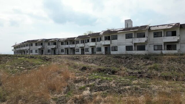 Aerial Drone View of Abandoned Himiko no Sato Resort Hotel in the Aso Grasslands, Kumamoto Japan