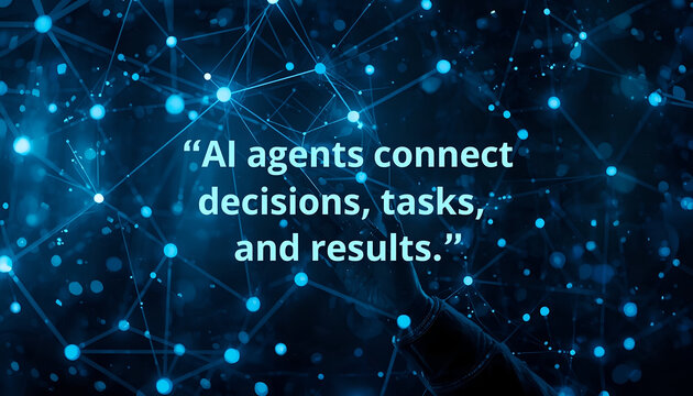 Network mesh featuring bright blue illuminated node connections displayed with technology quote text in center composition.