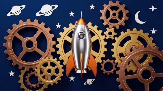 Metallic rocket surrounded by brass mechanical gears and planets on dark