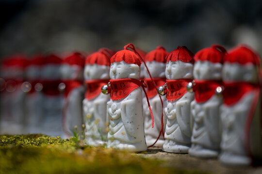 Rows of Jizo Buddhist Statues with Red Caps at Nihon-ji Temple, Mount Nokogiri, Japan