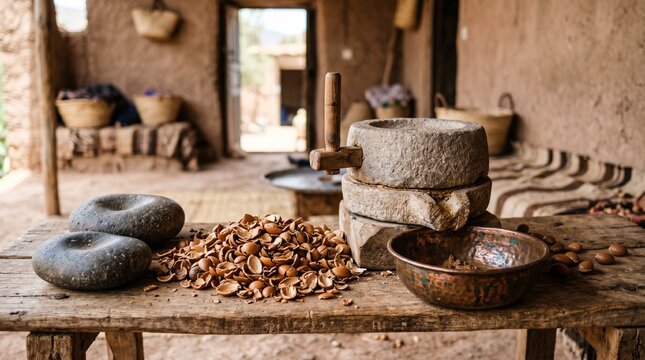 Traditional stone tools and nuts on wooden table in rustic