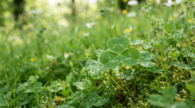 Green Clover Growing in a Lush Meadow with Dew Drops on Leaves