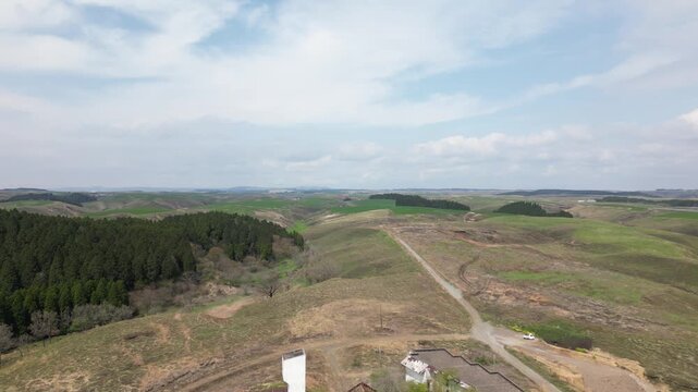 Aerial Drone View of Abandoned Himiko no Sato Resort Hotel in the Aso Grasslands, Kumamoto Japan