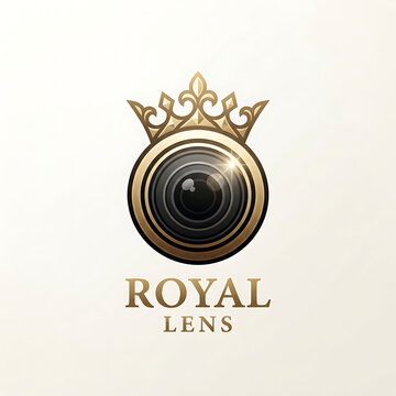 Royal camera lens logo with gold crown icon for premium photography studio branding.