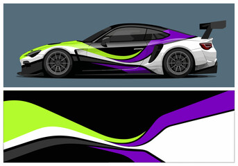 Fototapeta premium White sports car with neon green and purple racing stripes