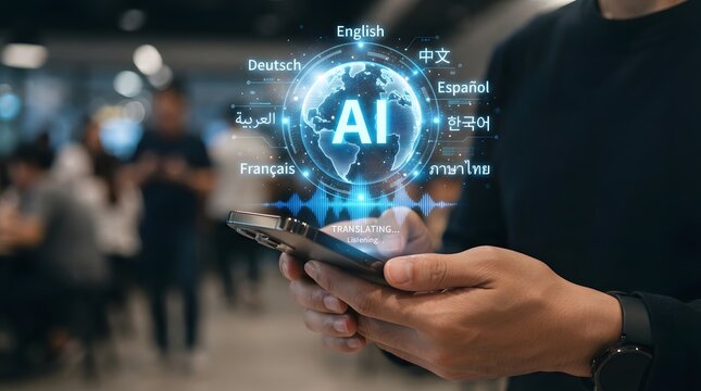 AI artificial intelligence holographic blue globe with multiple world languages floating above smartphone held in both hands, global language translation and communication concept