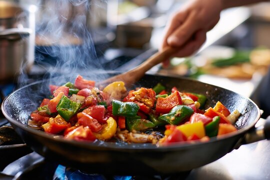 Sizzling colorful vegetable stir-fry being cooked in black frying pan over gas flame