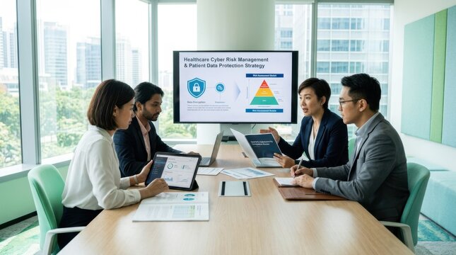 Diverse business team discusses healthcare cyber risk and patient data protection strategy