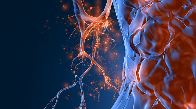 The painting depicts a human leg affected by severe varicose veins, with visible blue and purple twisted, bulging blood vessels beneath the surface of the skin.