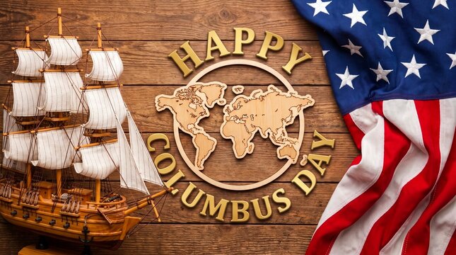 Columbus day celebration with ship model and american flag on wooden table